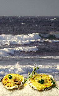 Montaje con mariscos. Vieras gratinadas sobre olas del mar